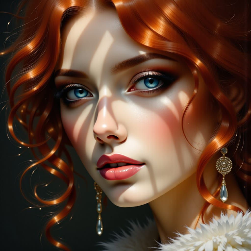 Ethereal Woman's Face with Dramatic Lighting and Red Hair