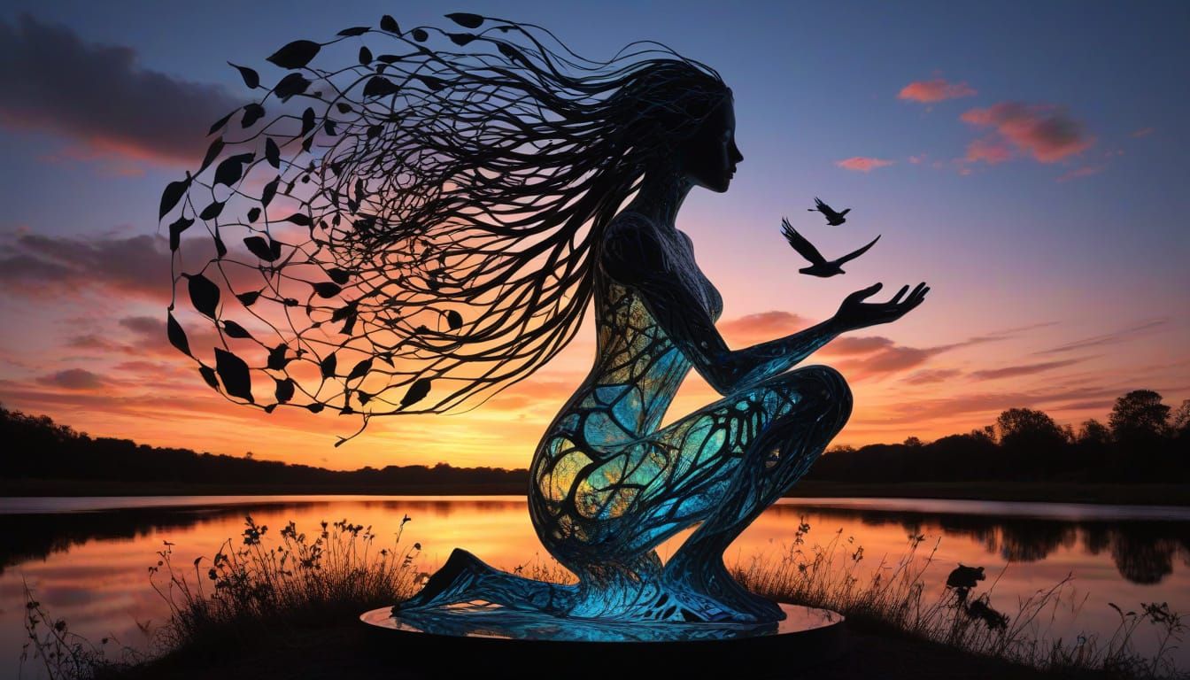 Surreal Fragmented Sculpture of Woman at Sunset