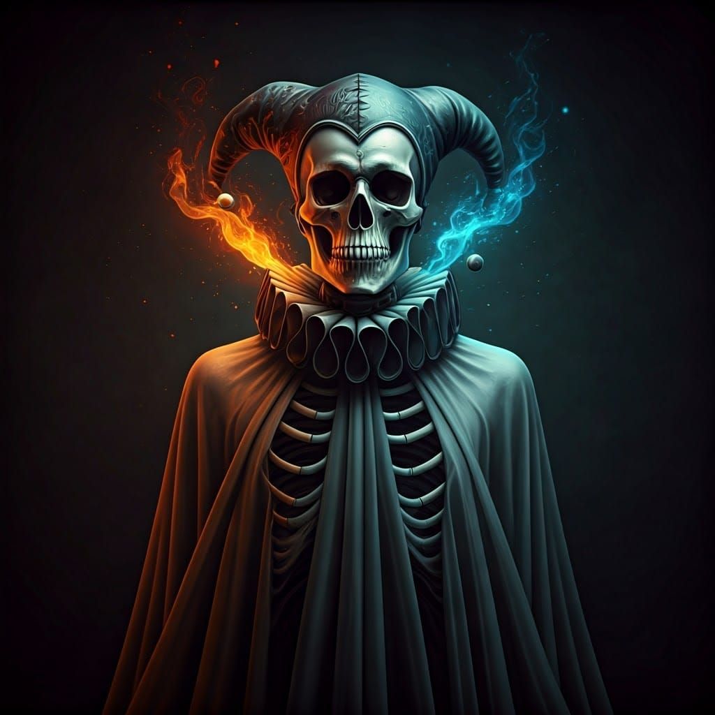 A Gothic, ethereal skeletal figure with stylized Jester, max...