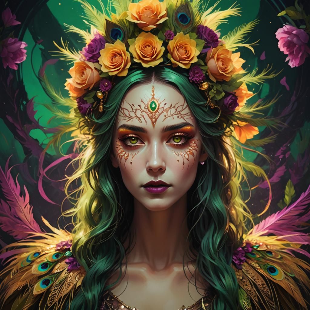 Rose Gold Woman with Peacock Feathers, Dark Fantasy Art