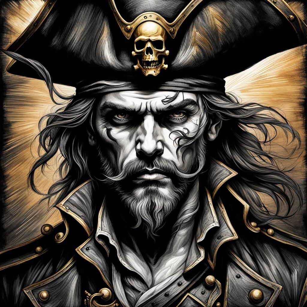 Detailed Charcoal Pirate Portrait with Tricorn Hat
