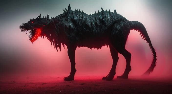 Eerie Nightmare Creature with Glowing Eyes in Fog