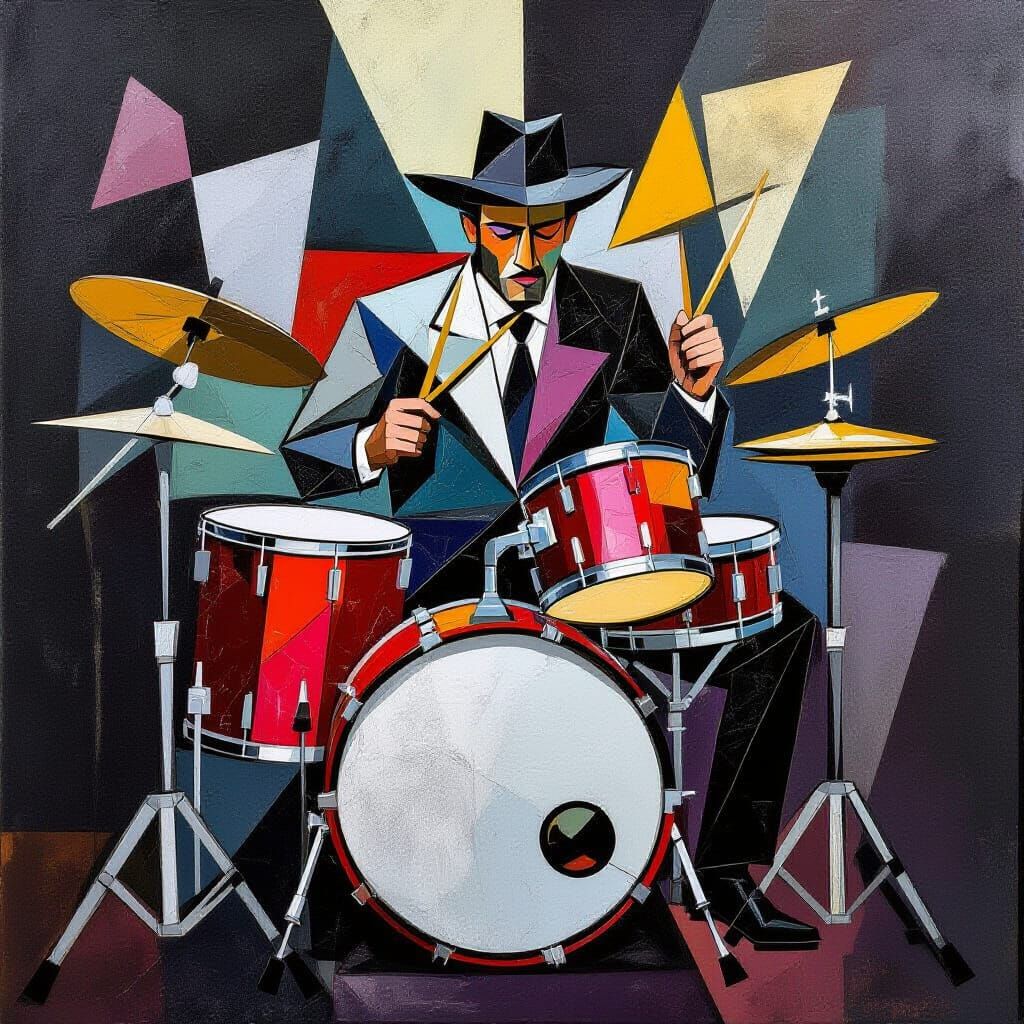 Abstract Drummer Performance in Picasso Style