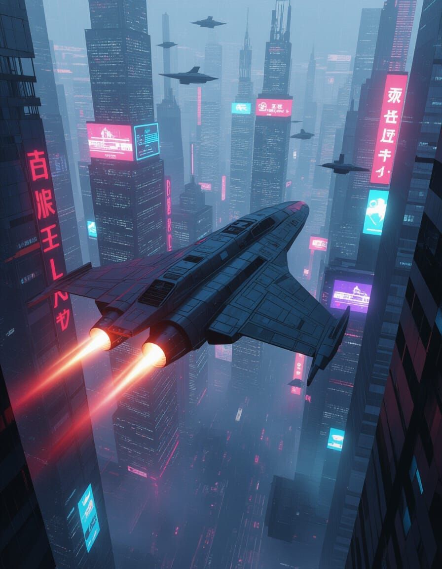 Cyberpunk Spaceship Flies Through Neon Megacity