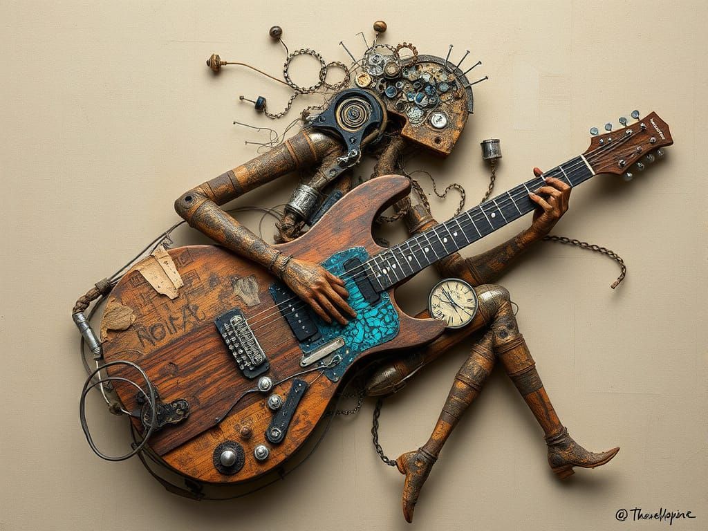 Abstract Expressionist Haywire Guitar Assemblage in Burnt Bl...