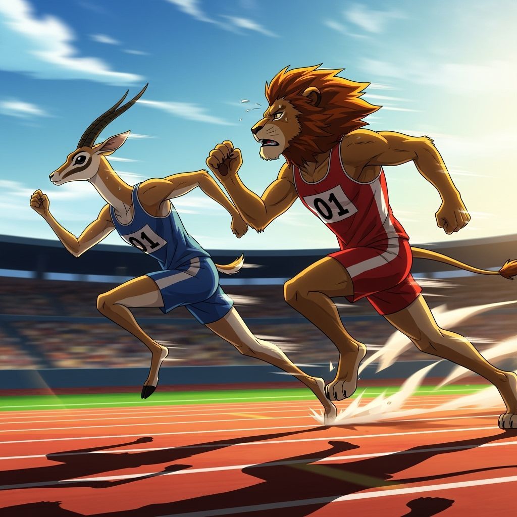 Lion and Gazelle Race in Dynamic Anime Style