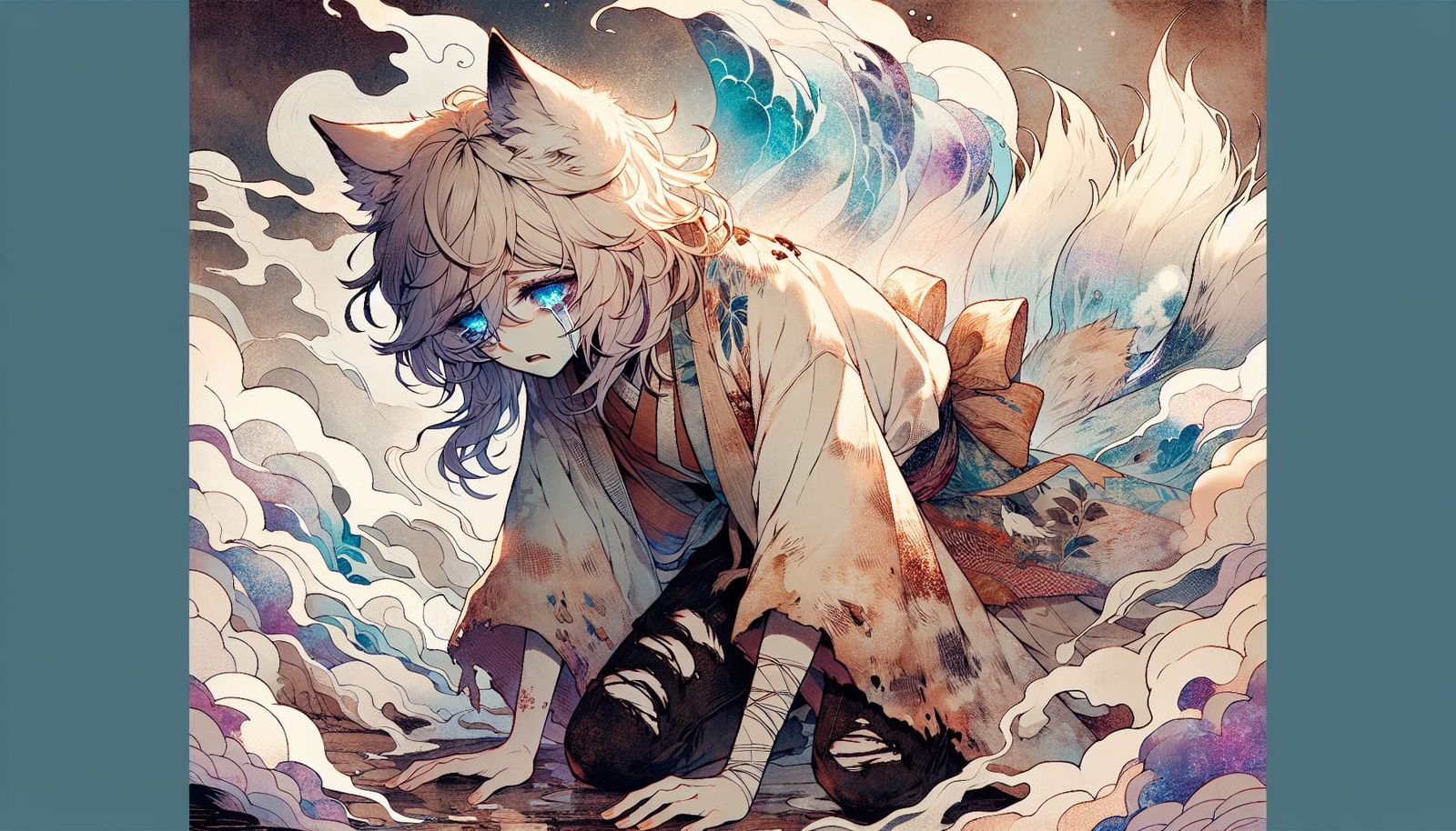 Anime Fox in Despair: Japanese Woodblock Style