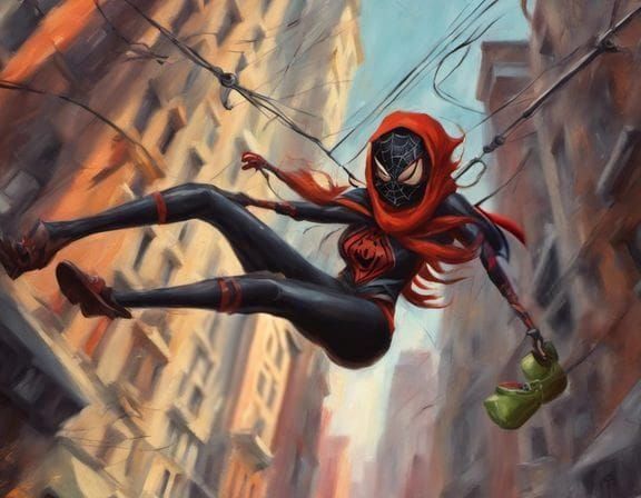 Cartoon Spider Girl Swings Through City as Oil Painting
