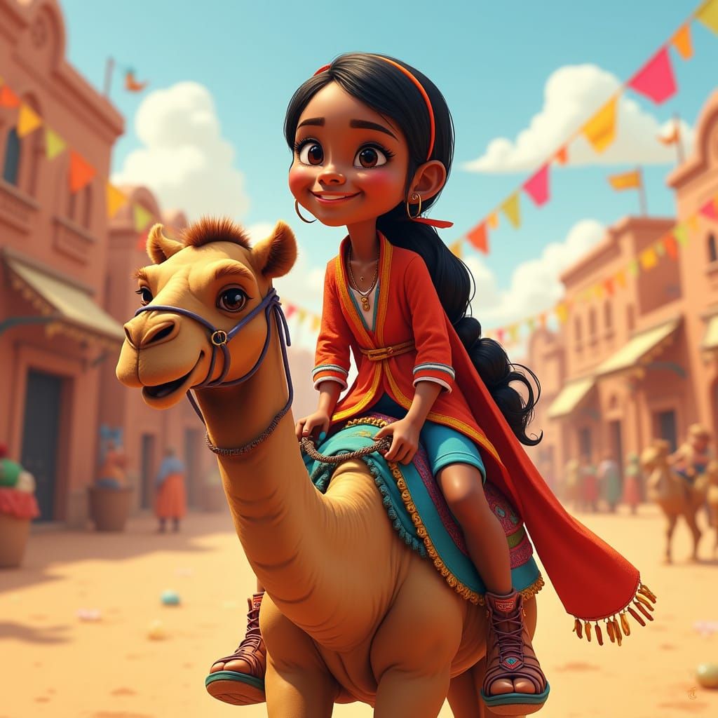Pixar-Style Black Teen Rides Camel in Desert
