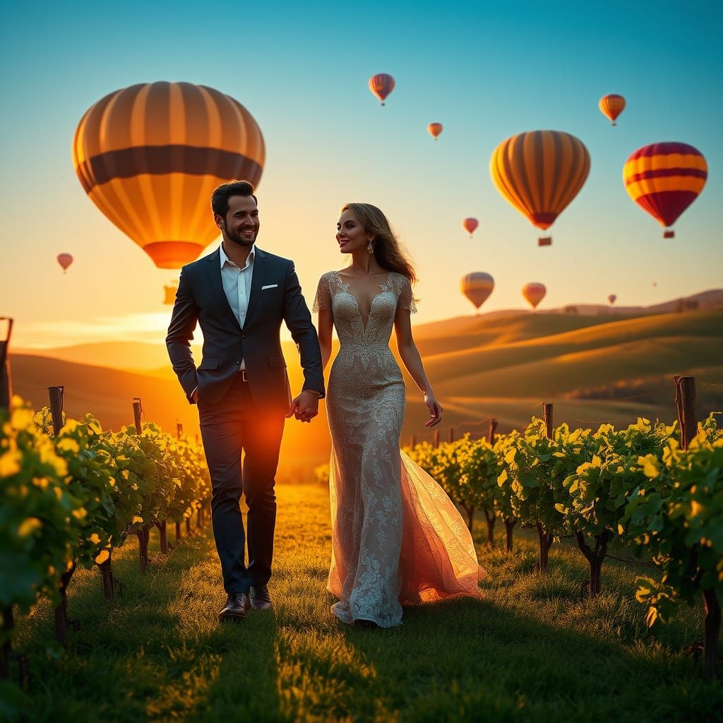 Ethereal Sunset Stroll in Vibrant Vineyard Landscape