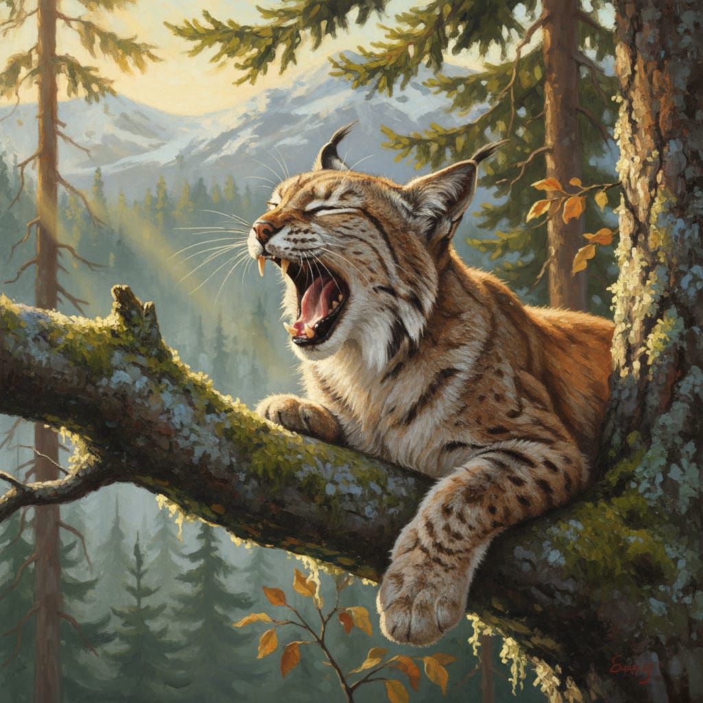 Yawning Lynx in Tree, Morning Light, Realistic Oil Painting