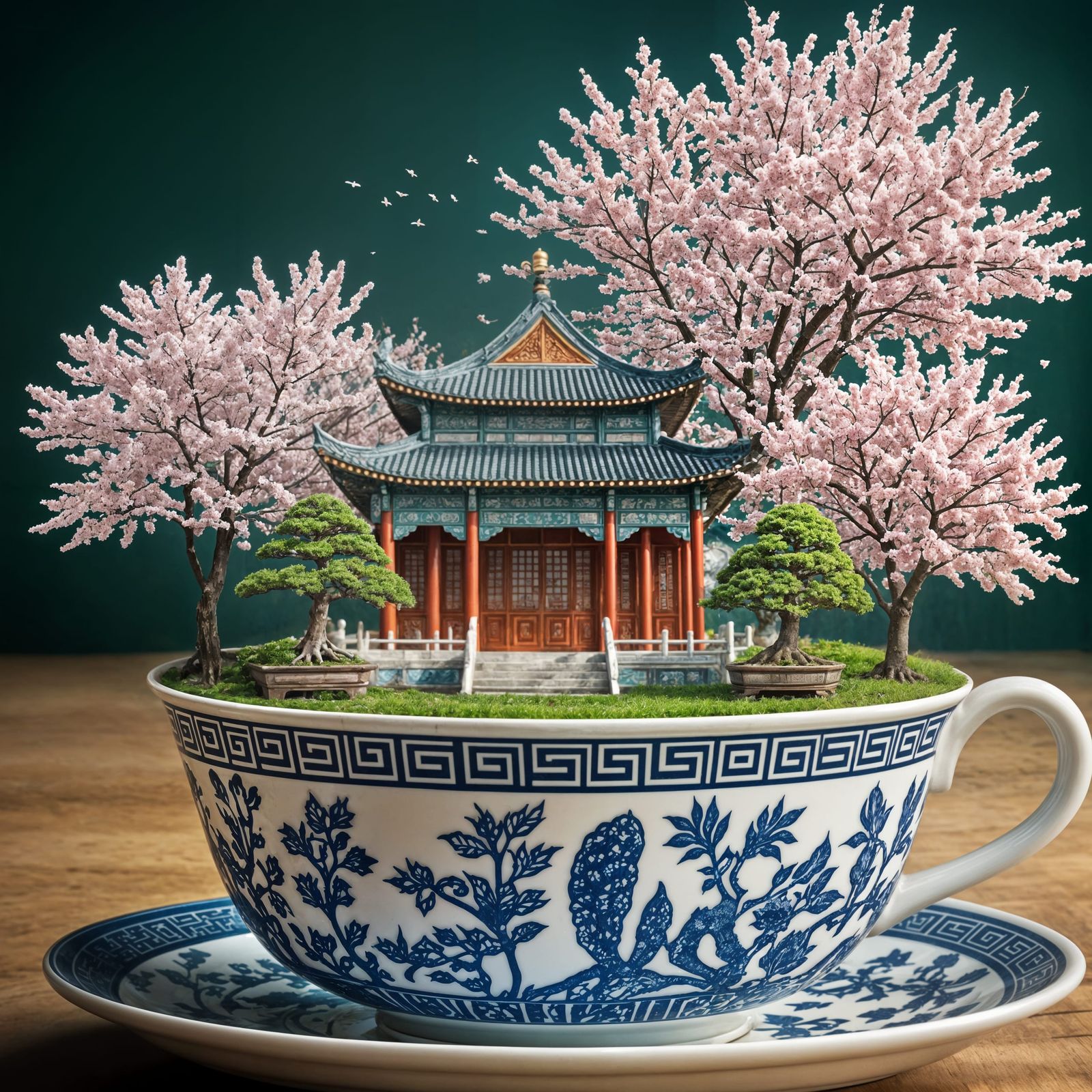 Chinese Temple Emerges from Antique Teacup