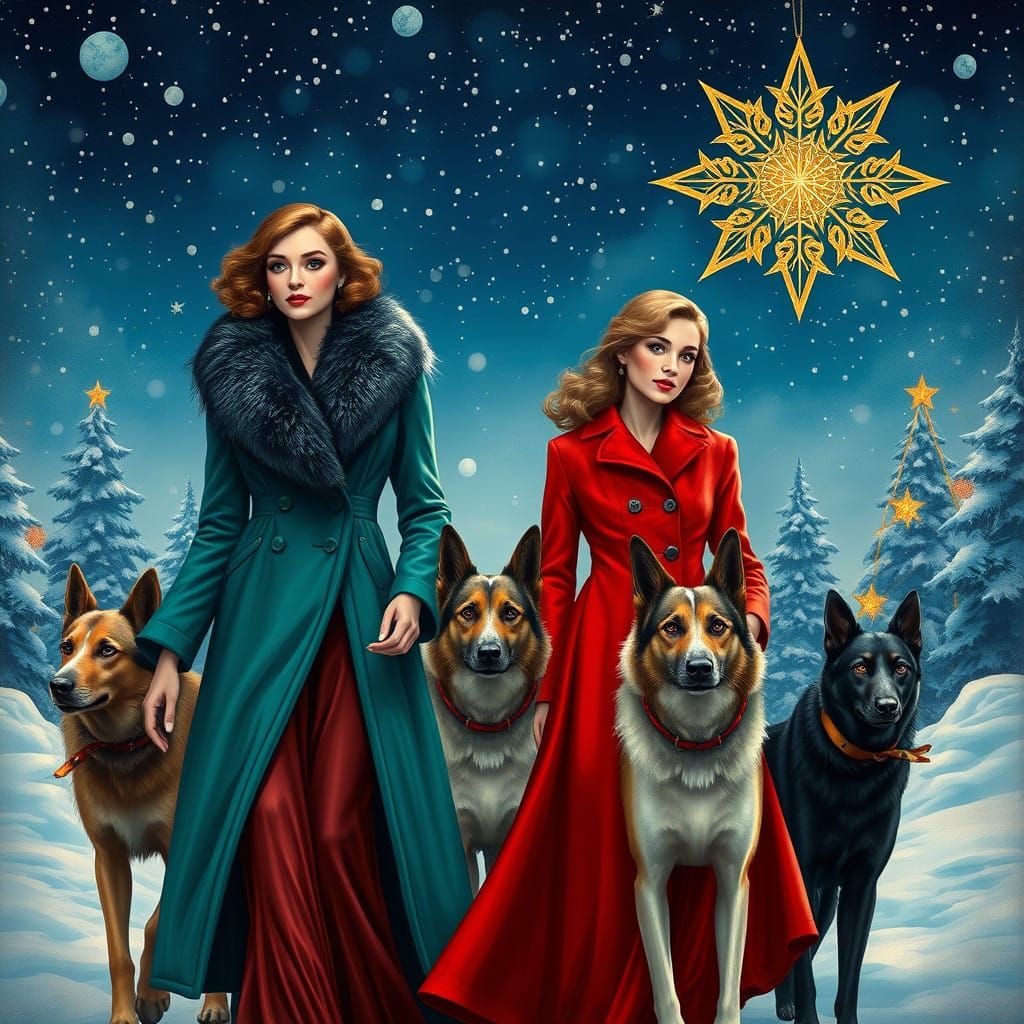 Elegant Women Stroll through Winter Wonderland in Art Deco S...