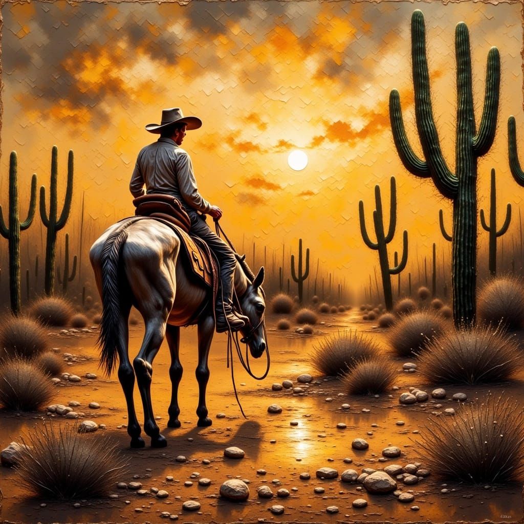 Lonely Man Rides Donkey in Burning Desert Landscape