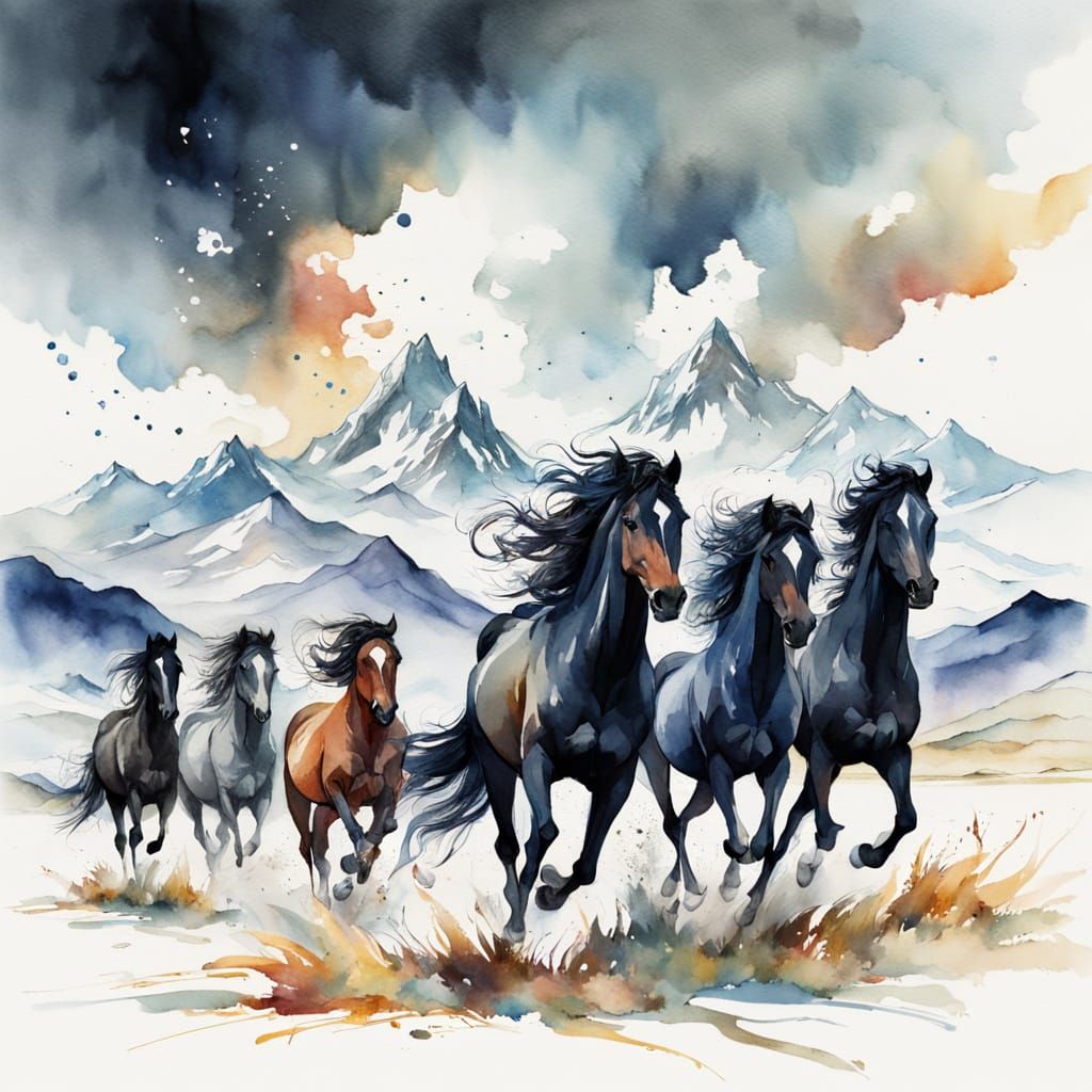 Majestic Black Horses in Watercolour Snowscape