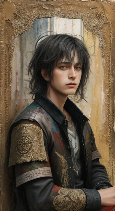 Sad Boy Portrait with Roses in Mixed-Media Style