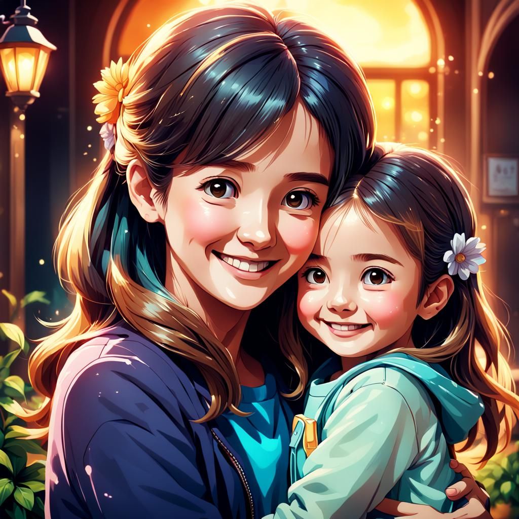 Adorable Mother and Daughter Portrait in Anime Style