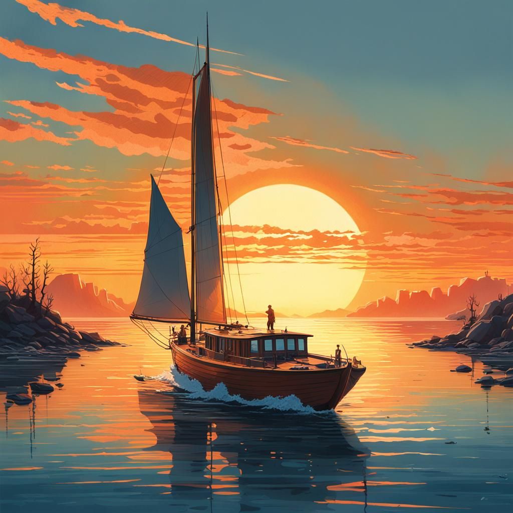 Boat at Sunset: Stalenhag and Mead Inspired Art