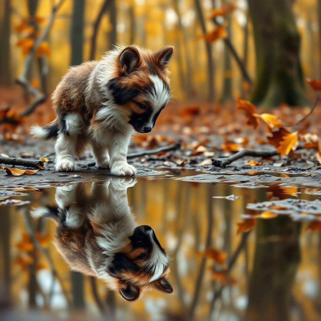 Shih Tzu Puppy Reflects Wolf in Autumn Woodland