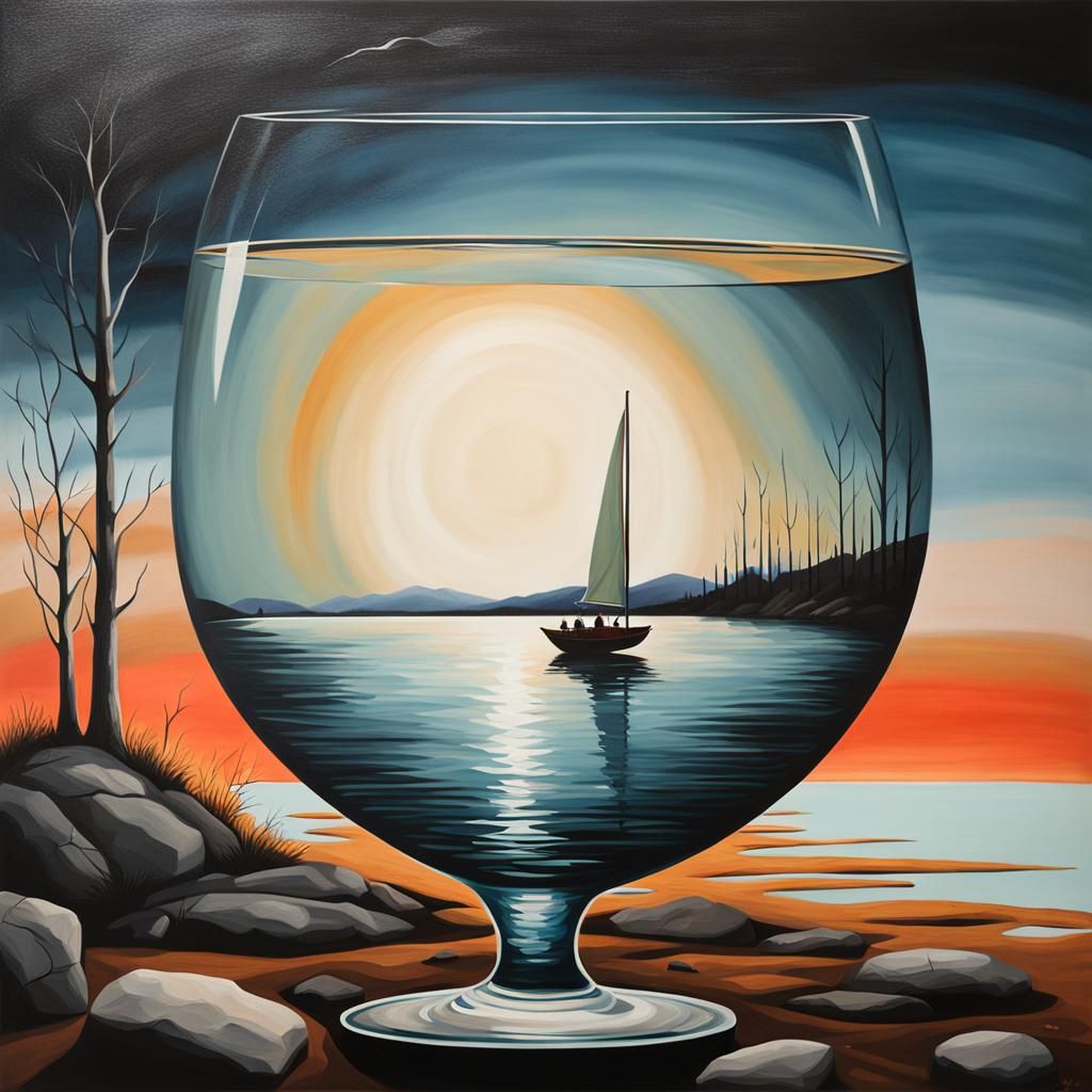Lakeshore in Wineglass: Surreal Minimalist Acrylic