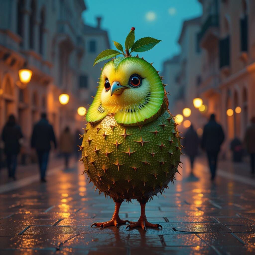 Whimsical Kiwi Bird-Fruit Creature in Surreal Carnival Glow
