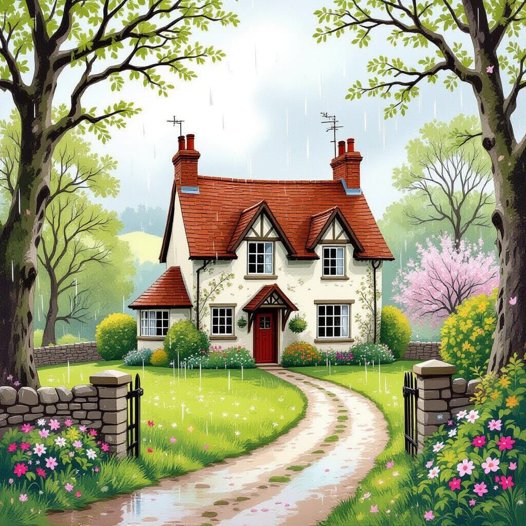 Charming Country House in Spring Rain