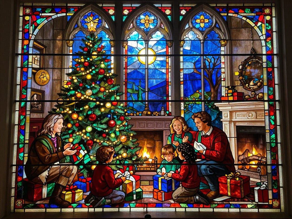 Family Christmas Celebration in Stained Glass Window