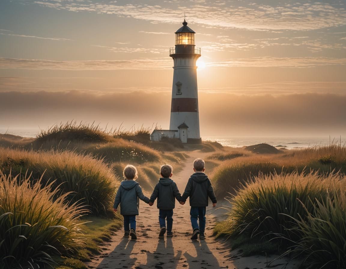 Lighthouse at Sunrise with Toddlers in Foreground