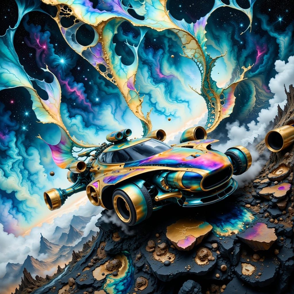 Futuristic Vehicle Surfing Waves of Color in Hyperdetail