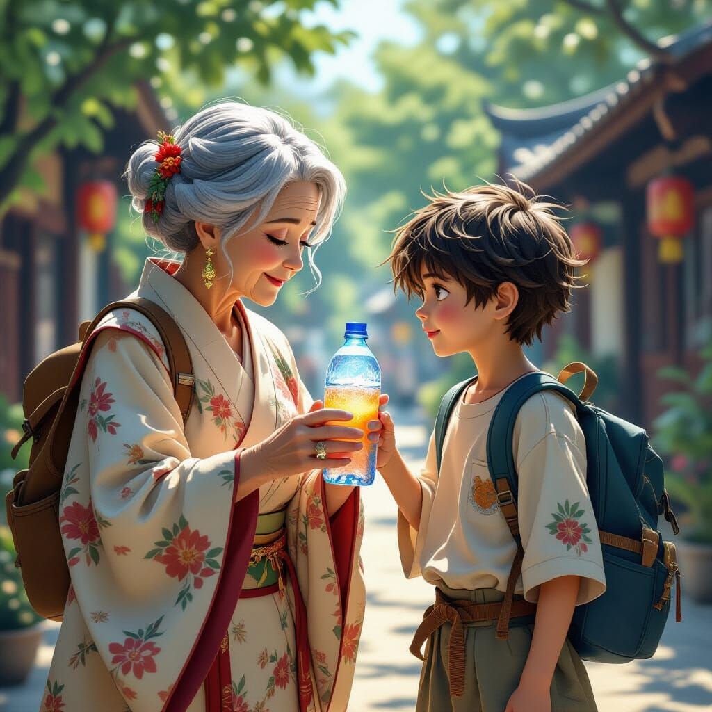 Kind Woman Offers Water, Anime Style Digital Art