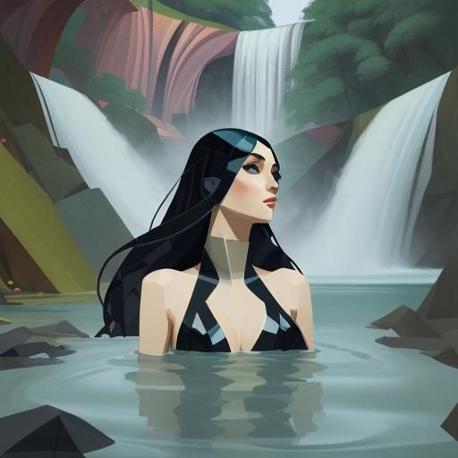 Beautiful Woman Swimming in Waterfall, Abstract Cubism