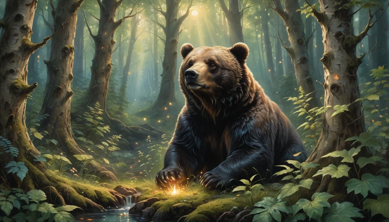Enchanted Bear in Forest Grotto, Ethereal Fantasy Painting