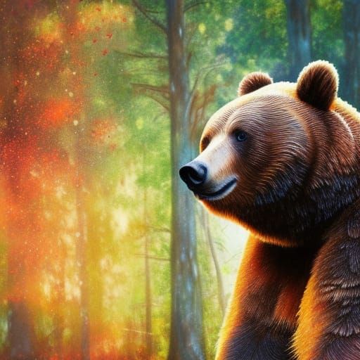 Hyperrealistic Bear Portrait in Colorful Forest