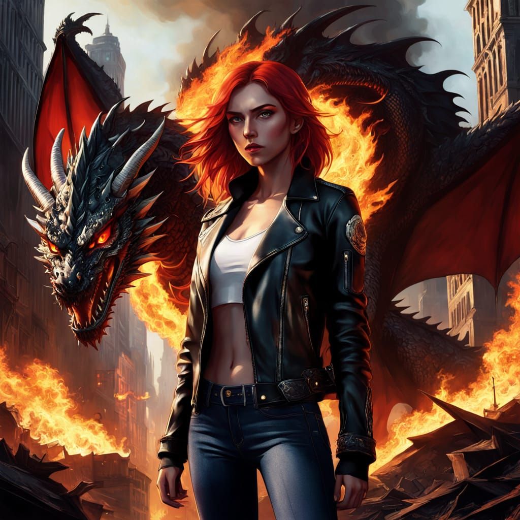 Red Haired Girl With Dragon in Burning City