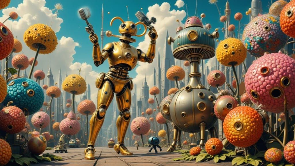 Surreal Robot God Overlooking Flower Landscape in Klimt Styl...