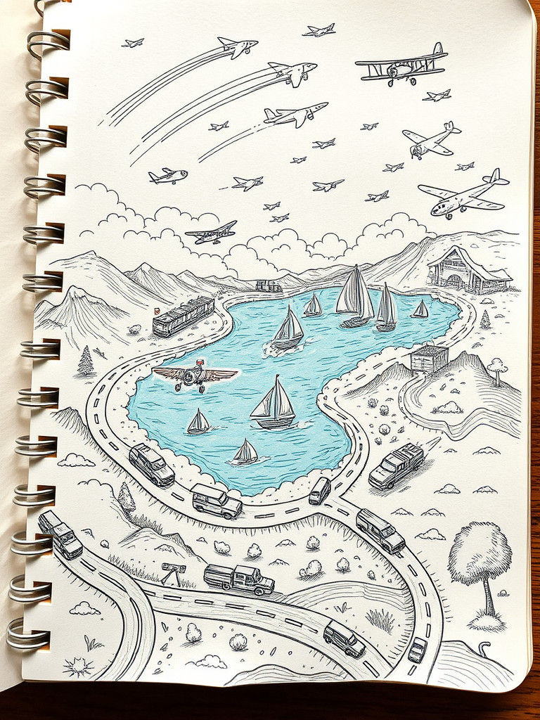 Doodle World: Miniature Transportation on Notebook Page