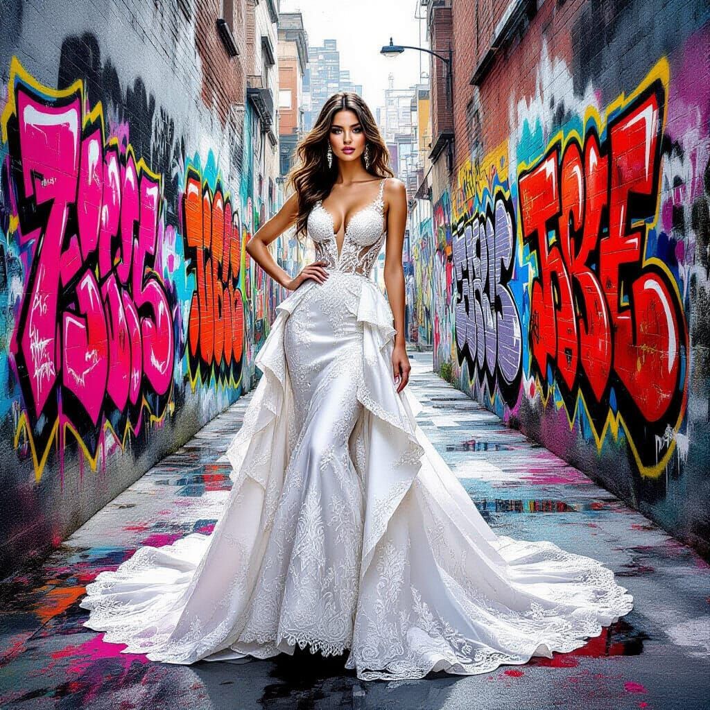 Beautiful Woman in Wedding Dress Amidst Urban Graffiti
