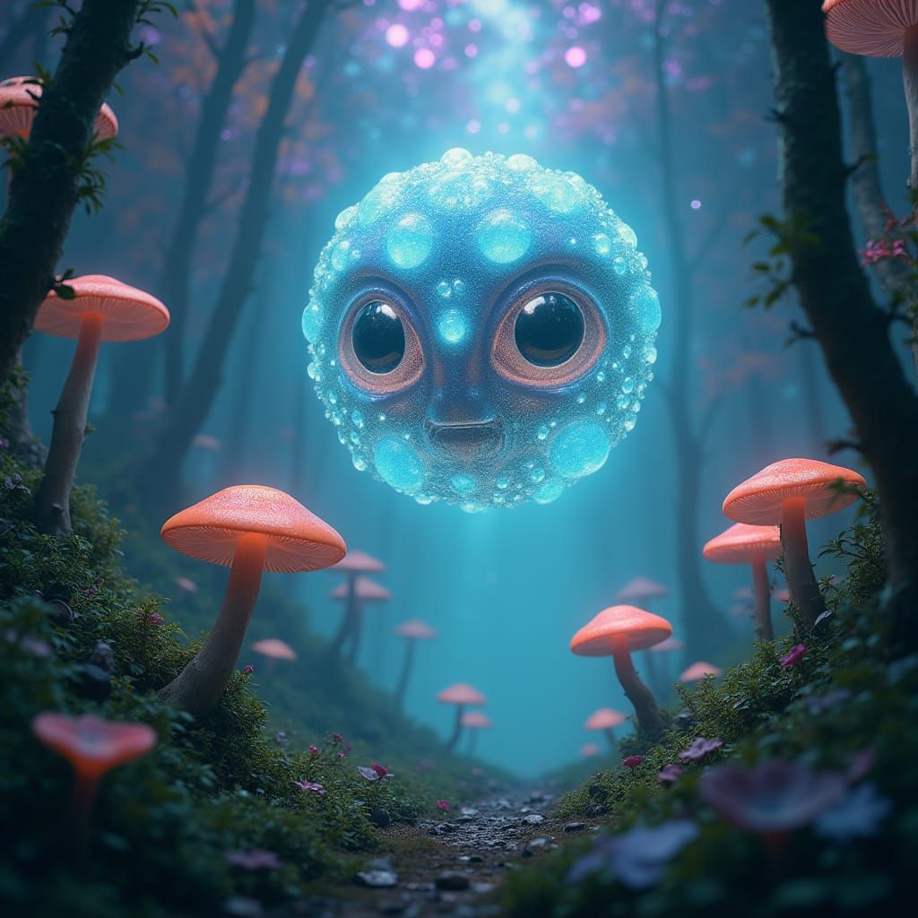 Ethereal Alien in Iridescent Mushroom Forest