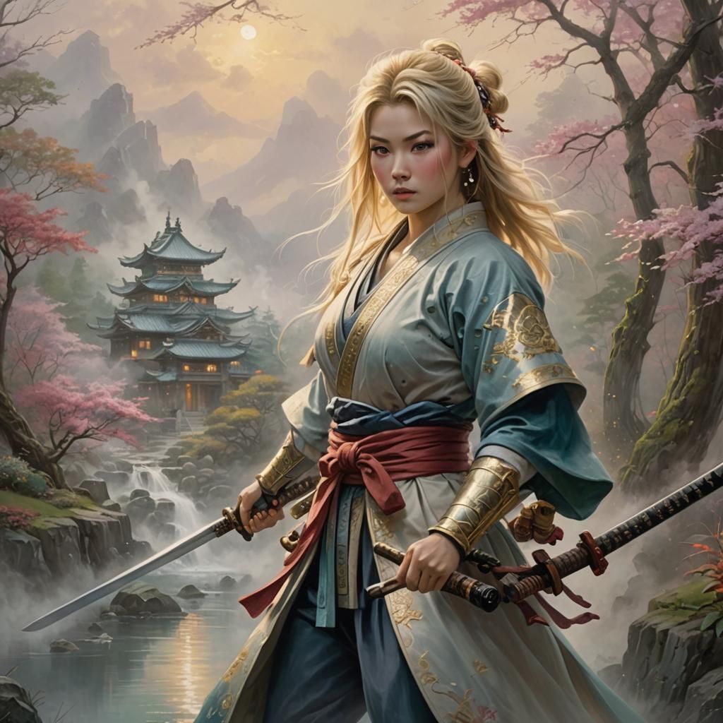 Ethereal Blonde Female Samurai in Misty Landscape