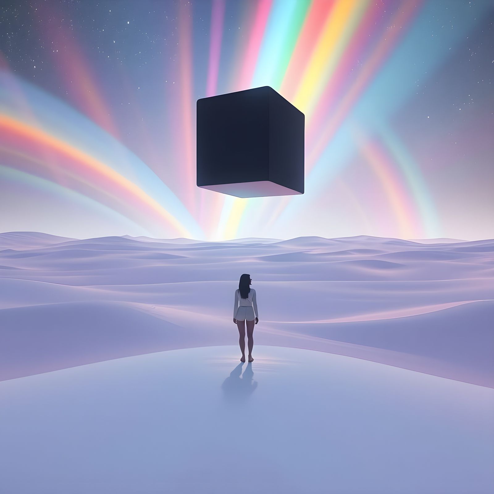 Futuristic Desert Scene with Hovering Cube