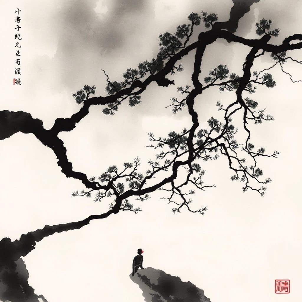 Taoist Landscape in Vibrant Ink Brushstrokes