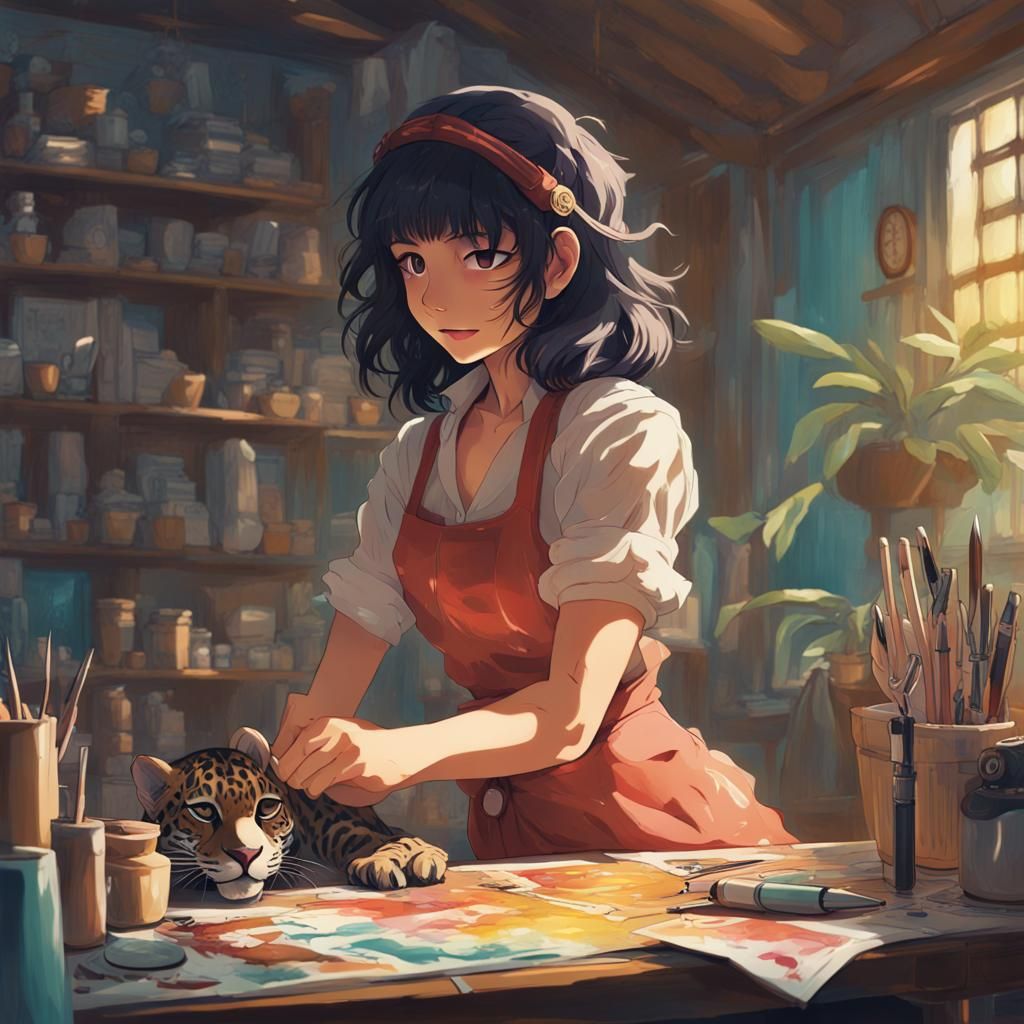 Anthropomorphic Jaguar Woman in Art Atelier