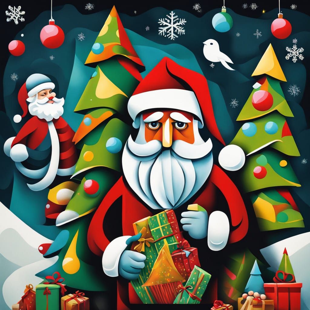 Pop Surreal Christmas Tree Painting in the Style of Picasso