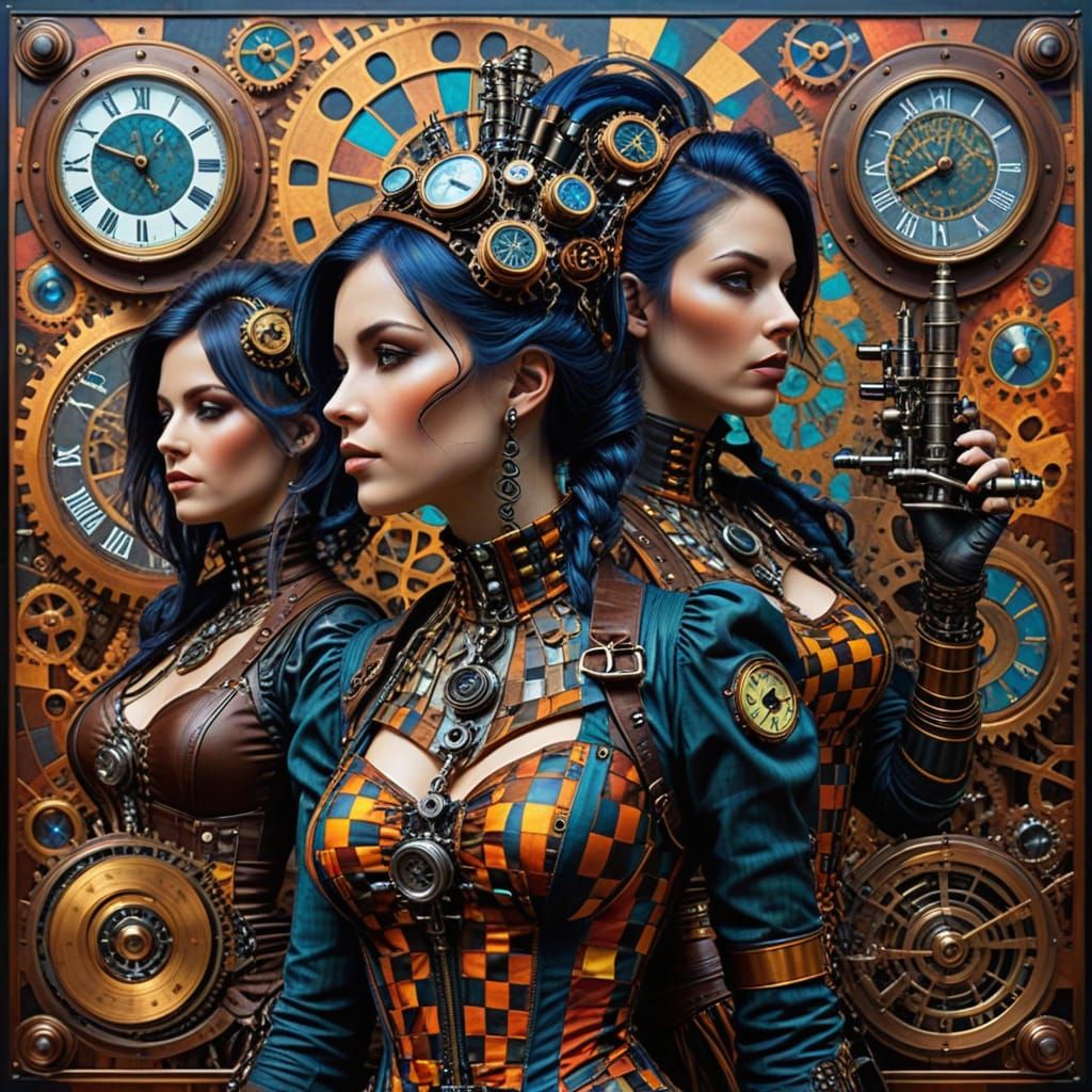 Steampunk Women Checkerboard with Moiré Optical Illusion
