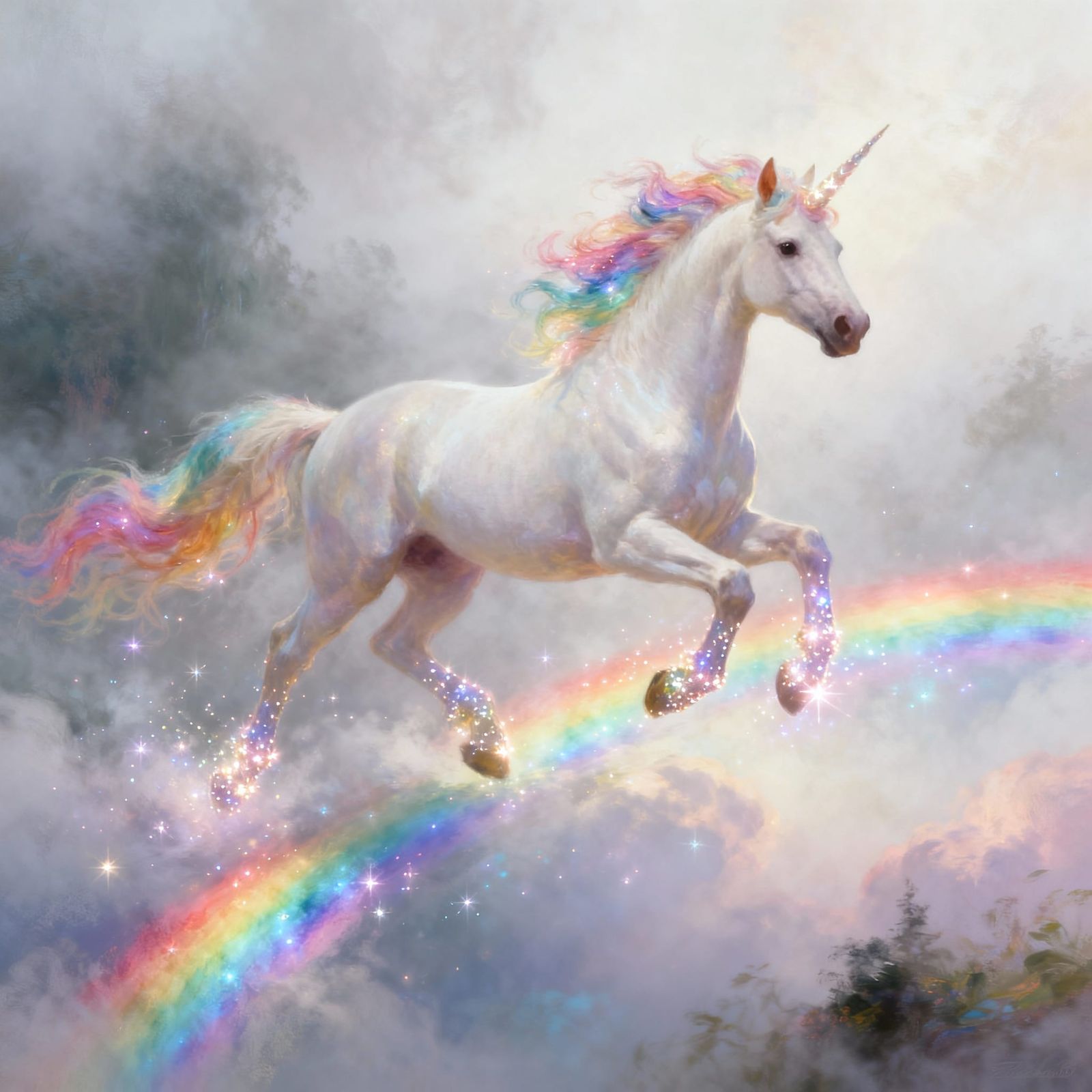 Magical Unicorn Galloping on Rainbow in Ethereal Fantasy Sty...