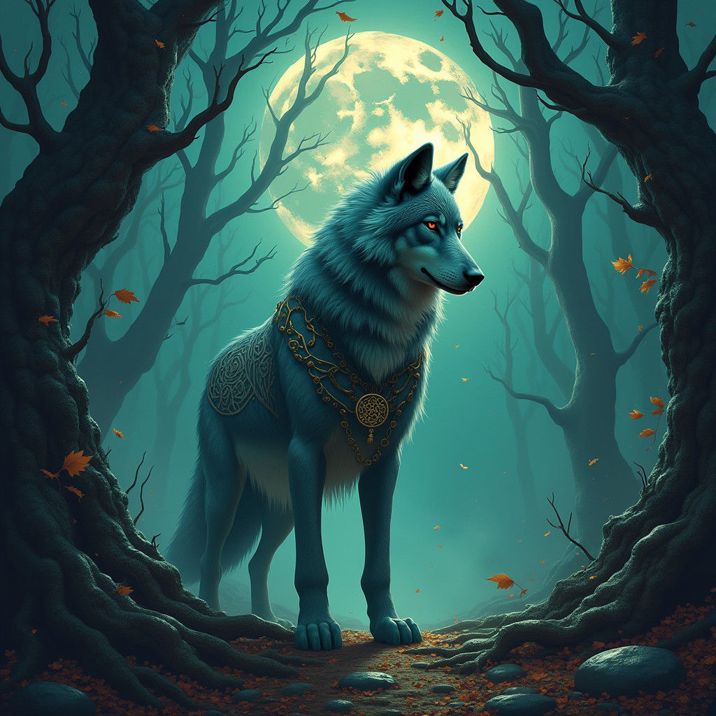 Celtic Wolf in Ancient Moonlit Forest