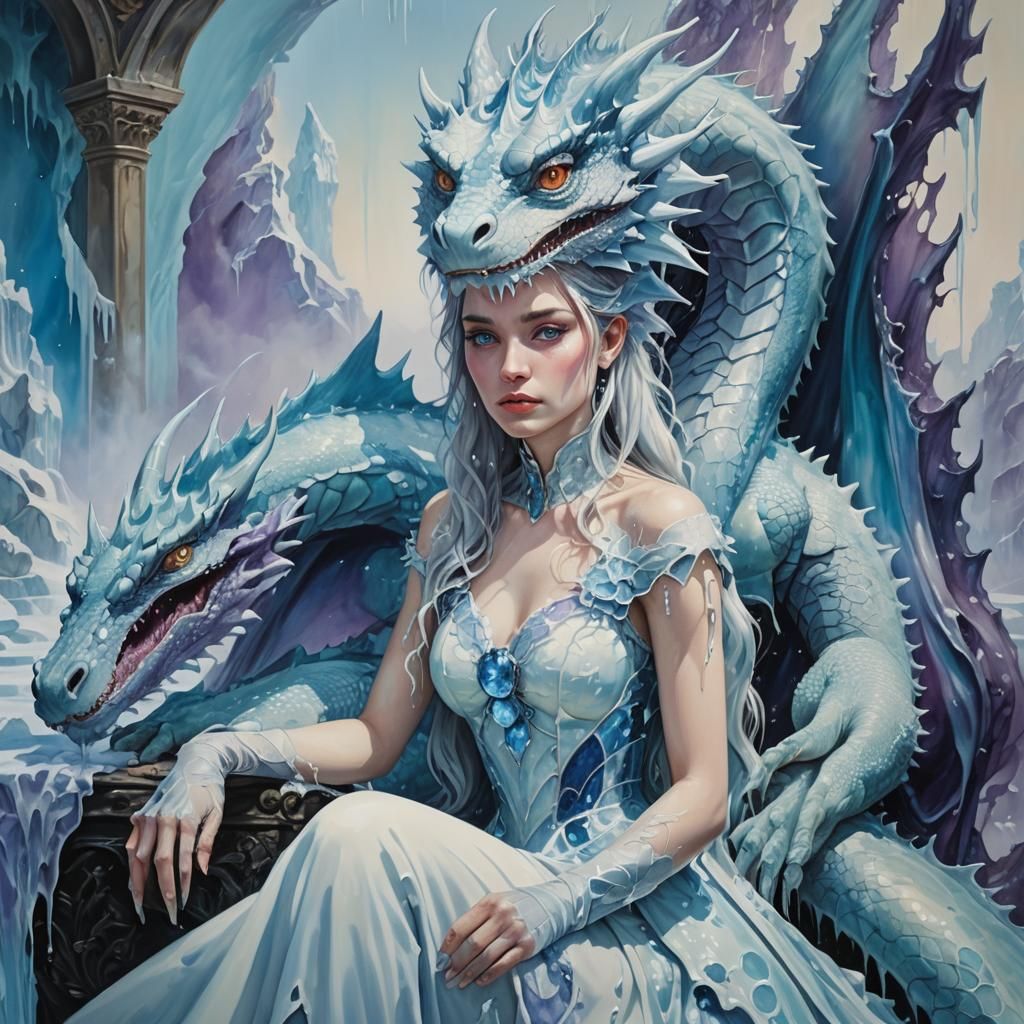 Icy Dragon Girl on Melting Throne, Surreal Oil Painting