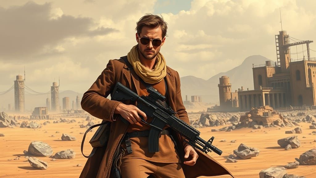 Cyberpunk Warrior in Desert Ruins