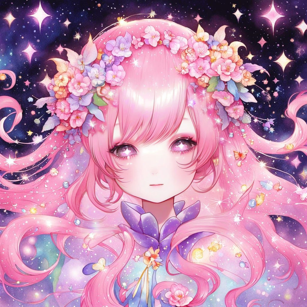 Glowing Anime Princess with Pink Hair and Twinkling Stars