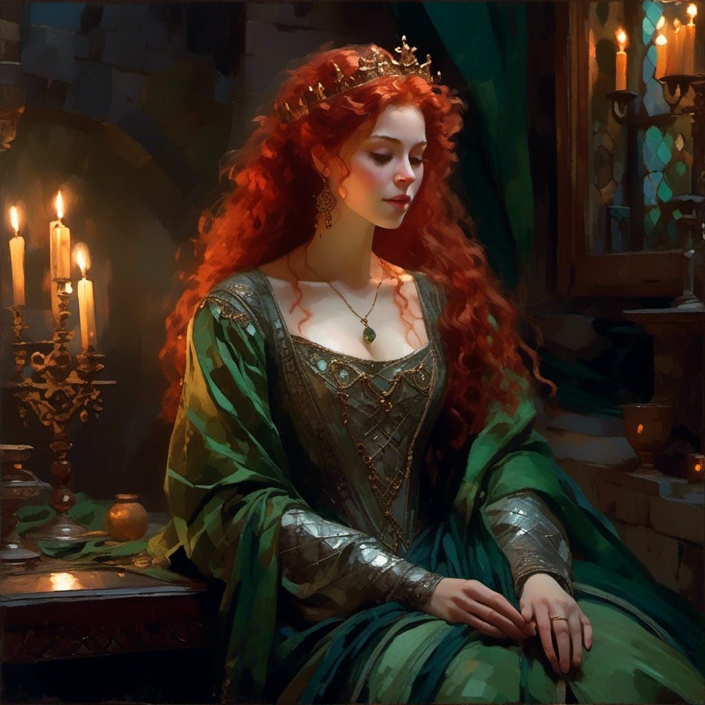 Pale Red-Haired Queen in Moonlight Vignette